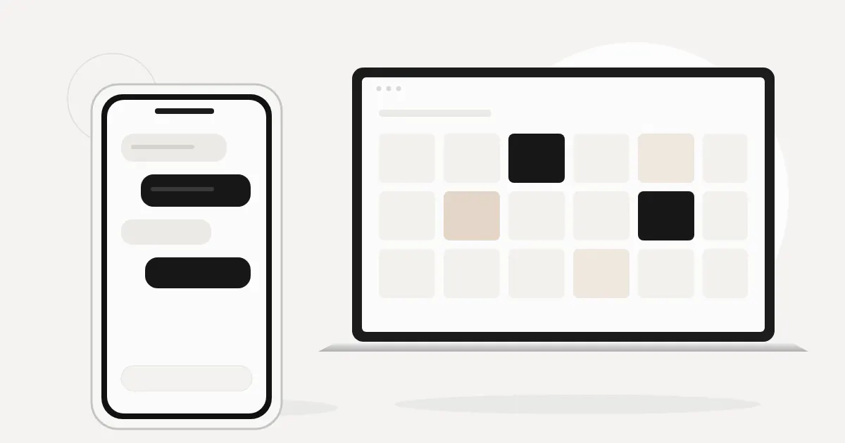 A phone with a short conversation beside a laptop calendar, on a light background with a silver frame.