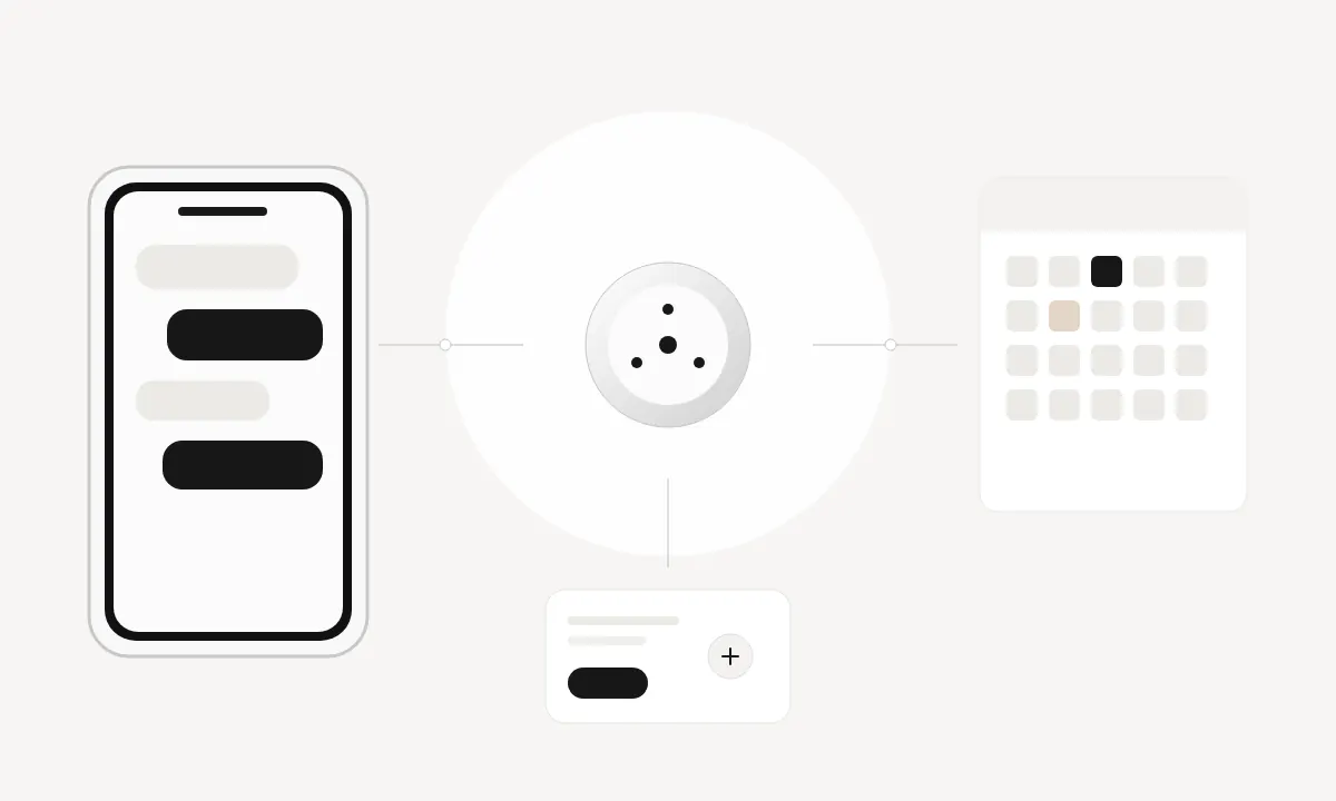 A diagram of a message going through an assistant to a calendar, with a separate handoff card.