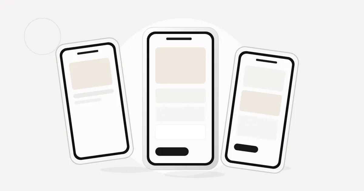 Three simple phone screens and a laptop on a light background, showing an app concept without logos or prices.
