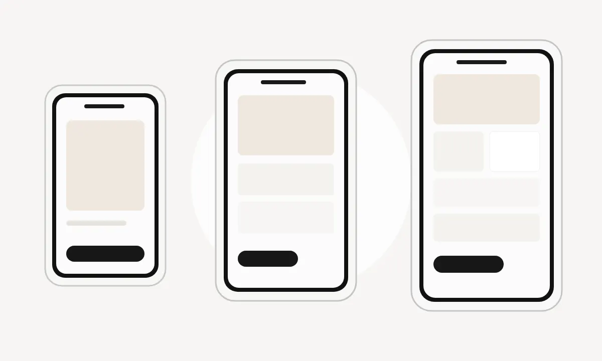 Three phones side by side, from a single screen to a small set of connected screens, with no statistics.