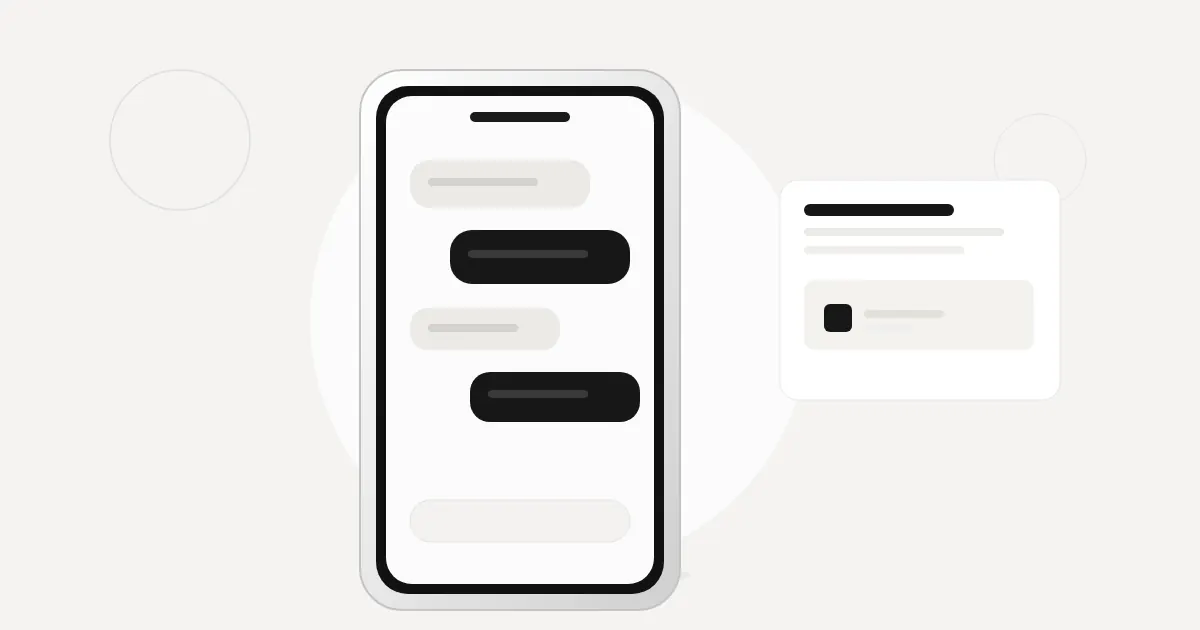 Móvil con una conversación breve y una tarjeta de recordatorio, sobre fondo claro y sin el logotipo de WhatsApp.