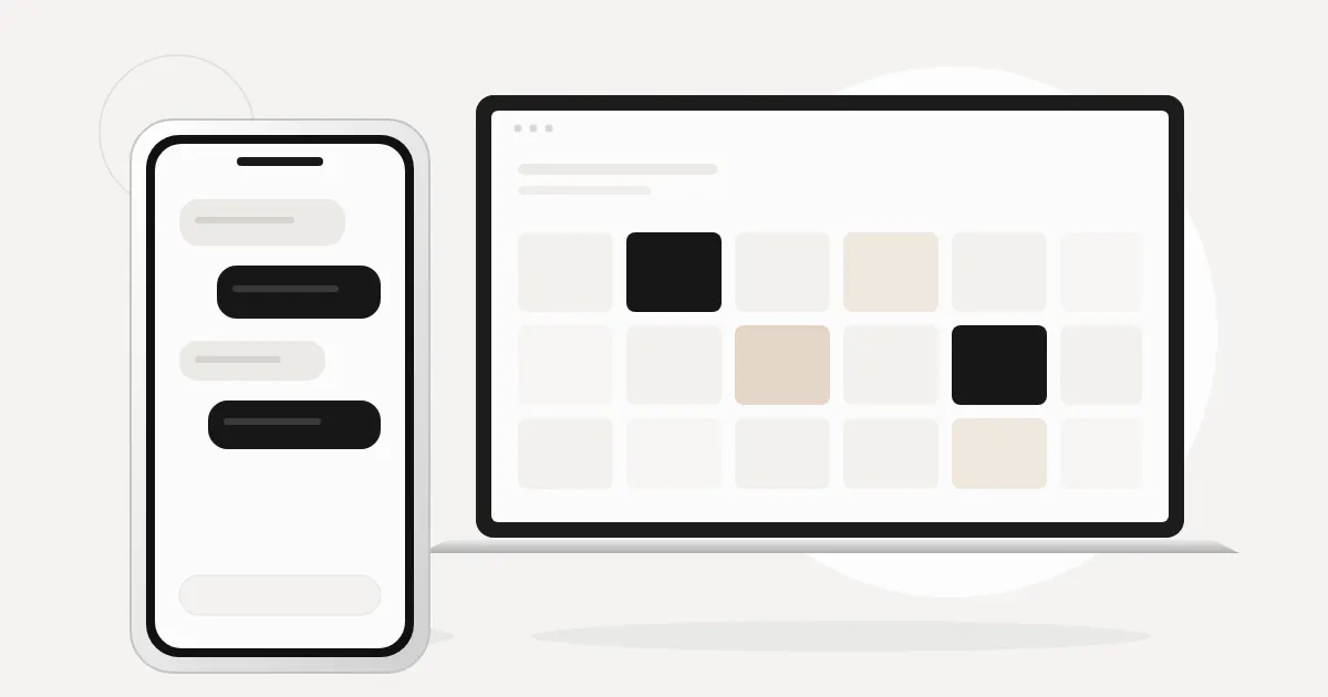 Móvil con una conversación y portátil con un calendario, en un estilo claro y minimalista.