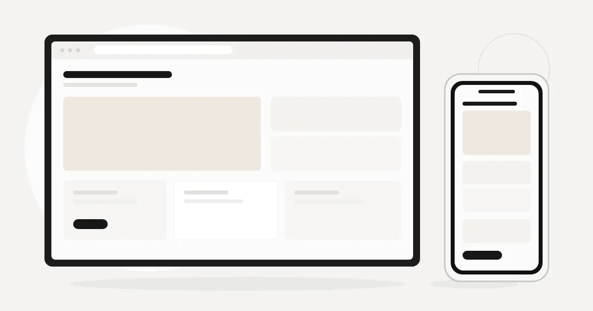 A small business website shown in a browser window and on a phone, on a light background.
