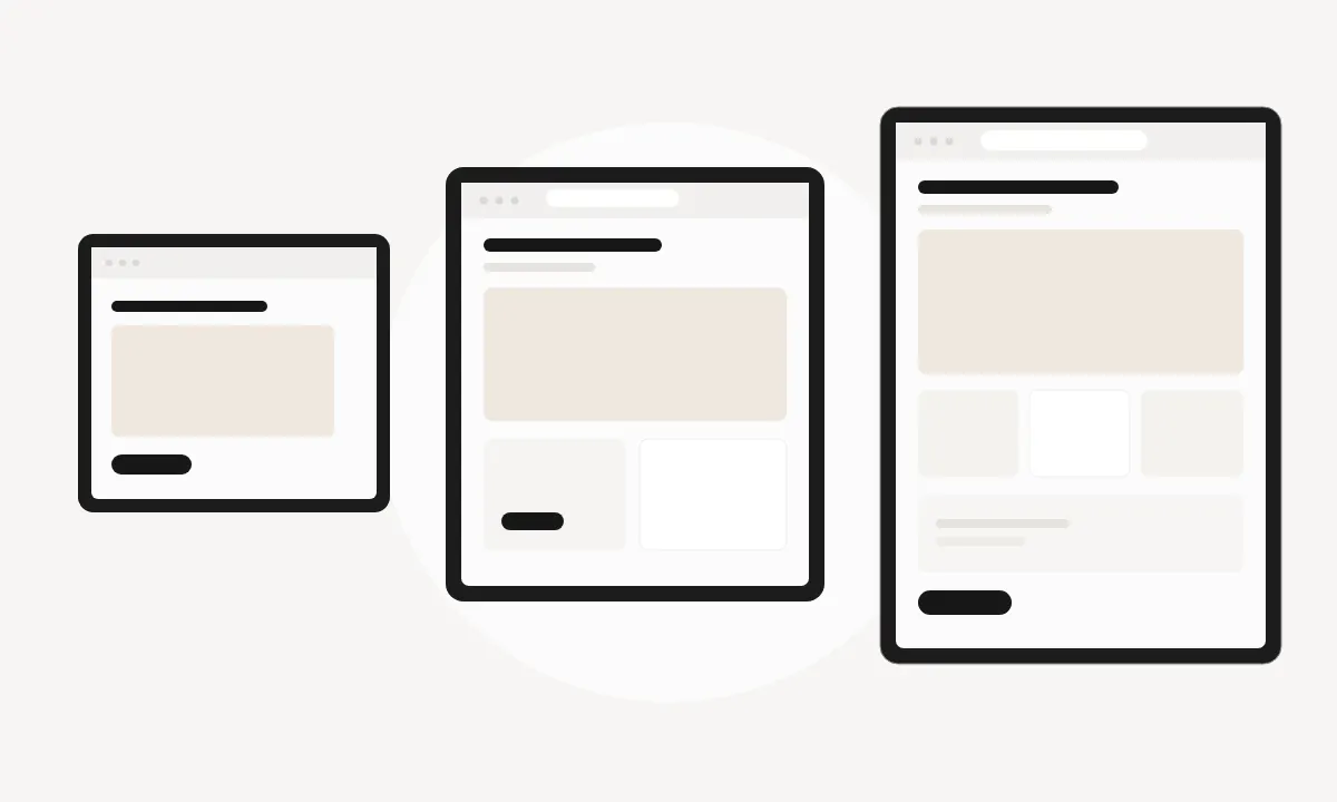 Three browser layouts side by side, from a simple page to a fuller website, without prices or logos.