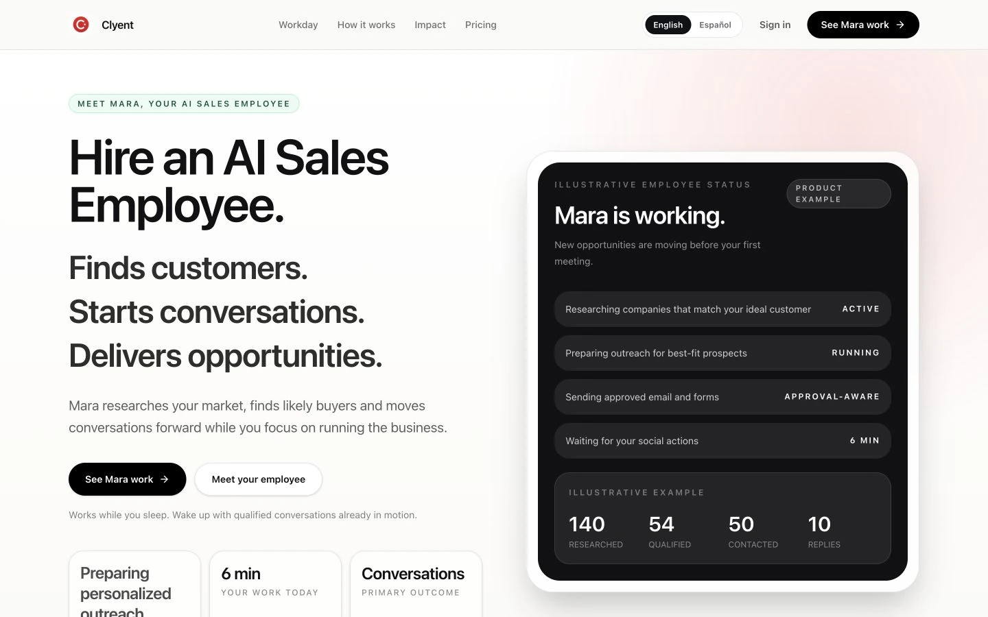 Clyent website with the real Mara AI sales product preview
