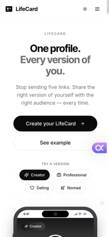 LifeCard: Mobile website preview